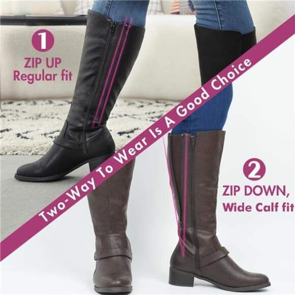 Women's Wide Calf Double Zipper Knee High Riding Boots - Picture 3 of 7